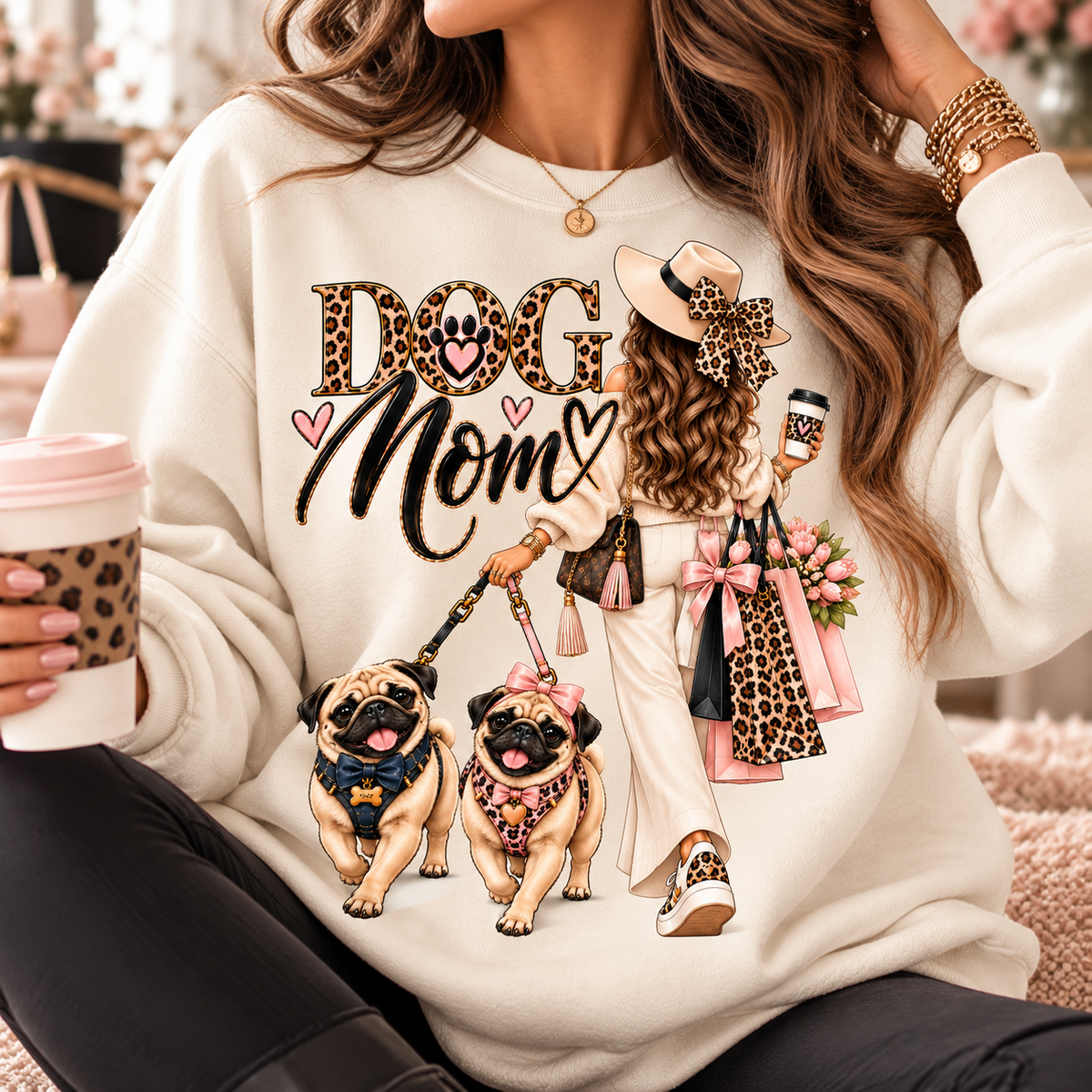 Dog Mom Crewneck Sweatshirt — Chic Leopard Mom with Pugs