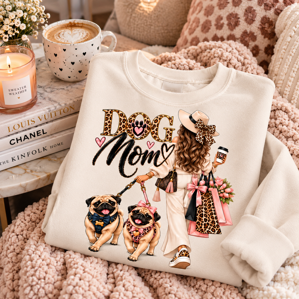 Dog Mom Crewneck Sweatshirt — Chic Leopard Mom with Pugs