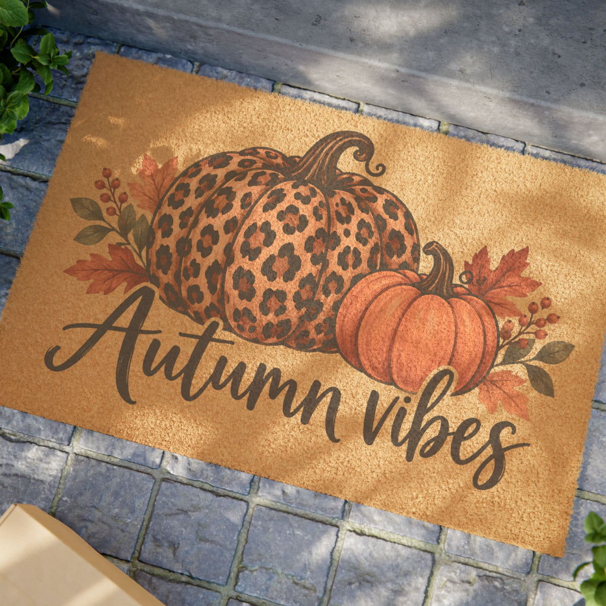 Doormat - Autumn Vibes Pumpkin Welcome Mat (Leopard Print Accent)